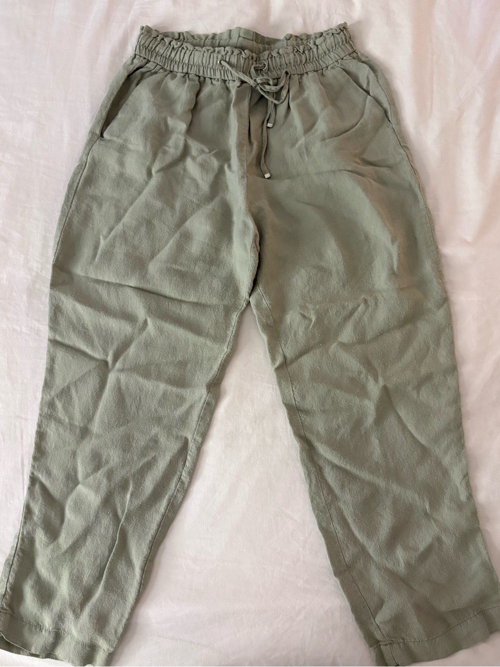 Zara Sage Green Drawstring Linen Trousers